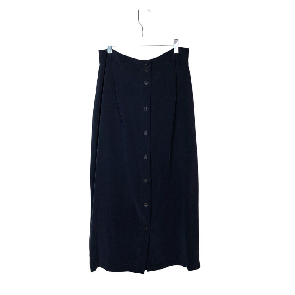 Vintage Studio G Womens Silk Button Down Midi-Skirt Size 12 Navy Whimsigoth‎